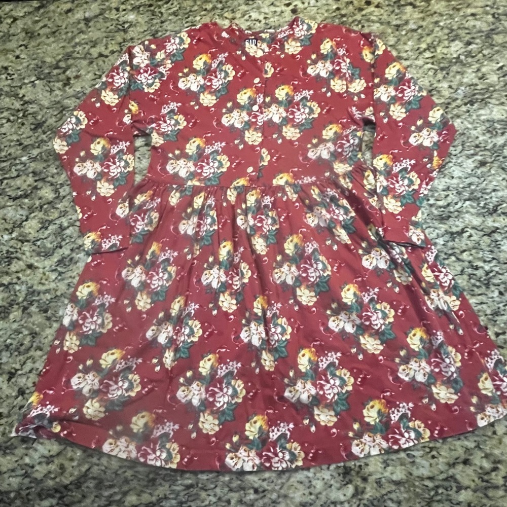 Gap Kids Girls XL Red Floral Long Sleeve Button Front Cotton Jersey Dress